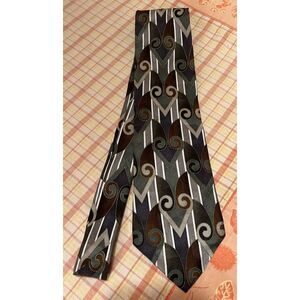 Martin Wong Mens Tie Art Deco Scroll Gray Brown 100% Silk Made in USA Napa,‎ CA